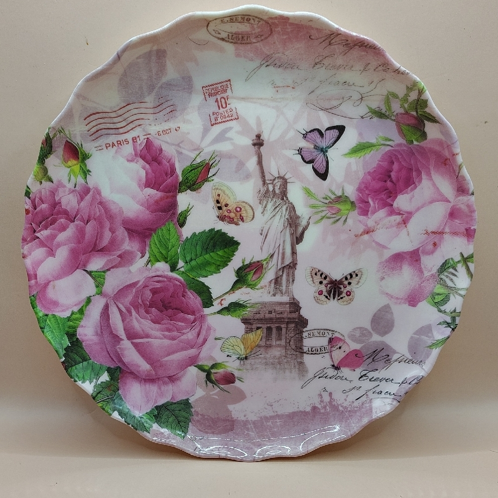 Vintage Pink Roses French Motif Butterflies Statue of Liberty Paris Postage Tray
